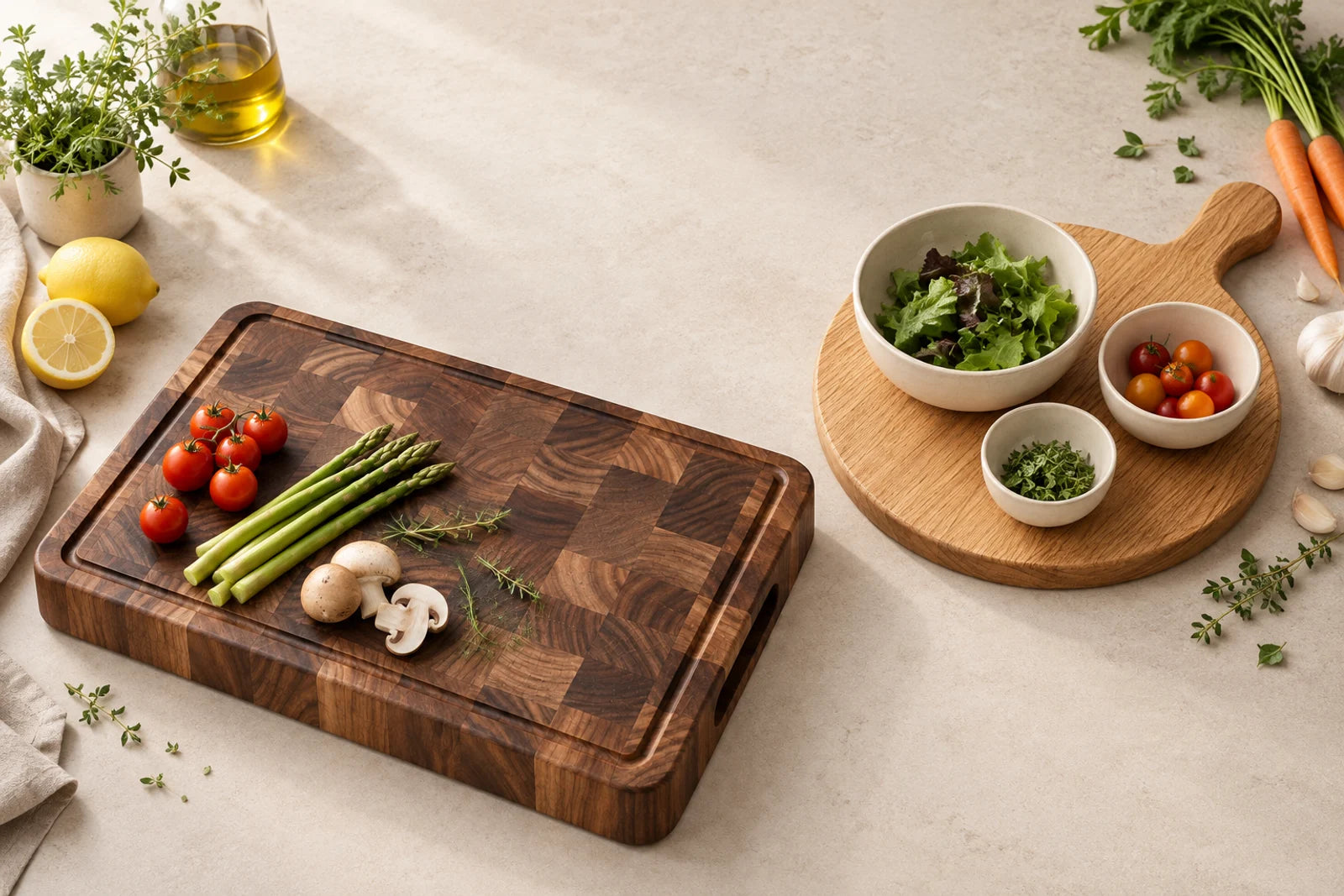 Walnut and oak preparation boards with bowls on a clear worktop
