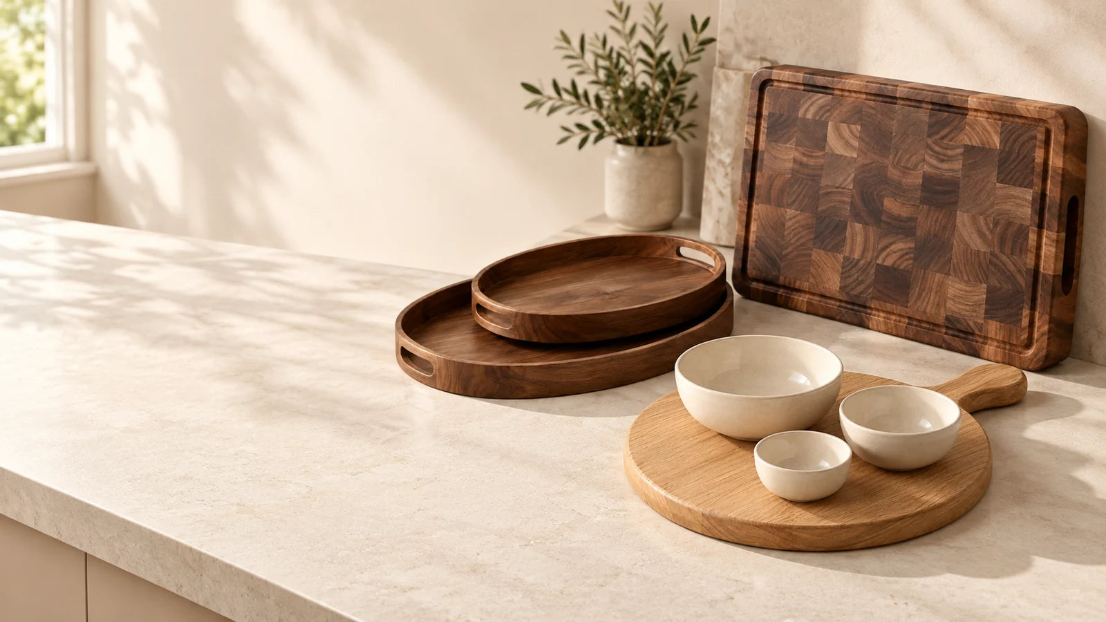 Warm wooden boards and cream bowls on a kitchen counter
